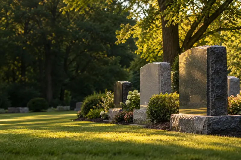 Carefully crafted granite memorials in warm natural light